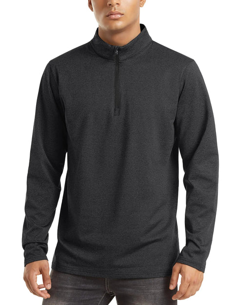 Model wearing Mens Quarter Zip Fleece Lined Sweatshirt Lightweight Thermal Pullover With Collar For Up Or Down Wear Long Sleeve Golf Sweater Warm Black XL