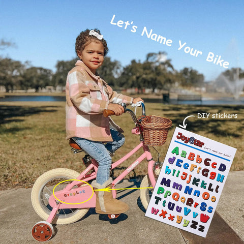 14 Inch Pink Princess Kids Bike For Girls Aged 3 To 5 With Training Wheels, shown with a child rider, basket, and DIY stickers