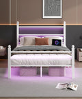 Sleek White Full Size Bed Frame With Built In Led Accents And Dual Usb Ports, showing a cozy setup with pillows and under bed storage.