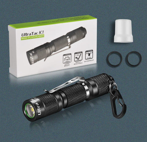 K1 180LM Ultra Bright LED Keychain Flashlight Waterproof AAA Battery Mini Light with packaging and accessories