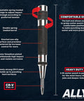Heavy Duty Automatic Center Punch Set For Metal By ALLY Tools with hardened steel, knurled cap, spring loaded mechanism.