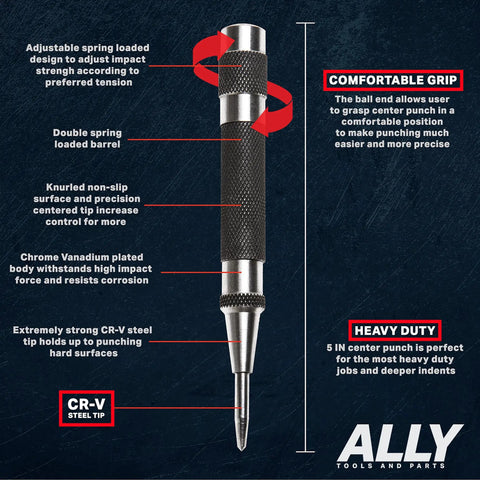 Heavy Duty Automatic Center Punch Set For Metal By ALLY Tools with hardened steel, knurled cap, spring loaded mechanism.