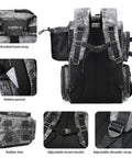 All In One Fishing Tackle Backpack With Rod Holders, Bottle Holder And Storage Bag, 42L Water Resistant Gear Pack Back View