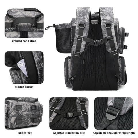 All In One Fishing Tackle Backpack With Rod Holders, Bottle Holder And Storage Bag, 42L Water Resistant Gear Pack Back View