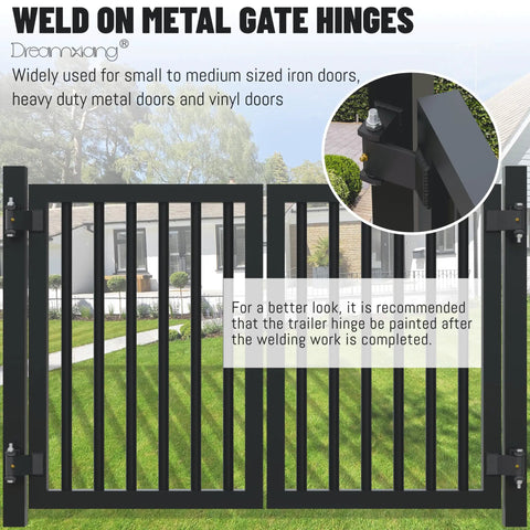 Heavy Duty Trailer Hinges Four Pack With Grease Zerk Fittings Strap Style Short Leaf Gate Hinges For Dump Trucks And Trailers, black metal gate hinge on welded fence