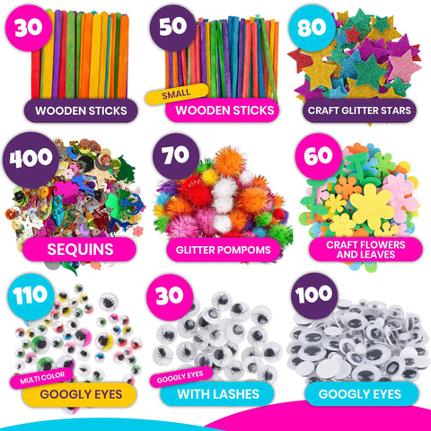 Ultimate Kids Craft Kit With Over 2000 Pieces For Boys And Girls Ages 4 To 9 featuring sequins, pom poms, and googly eyes