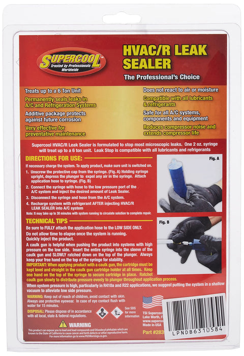 Back view of TSI Supercool HVAC/R leak sealer syringe packaging with application hose.