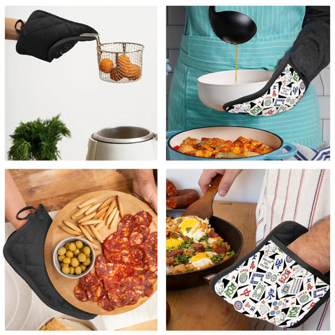 Funny Mahjong Inspired Pot Holders For Kitchen in use, black and Mahjong print design handling cookware
