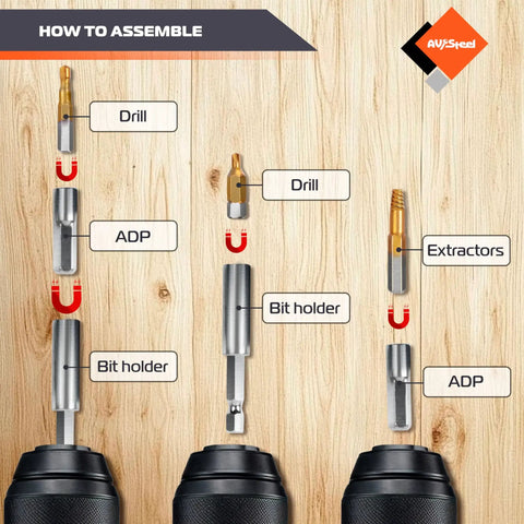 Assembly guide for 22 Piece Damaged Screw Extractor Set With Magnetic Extension Bit Holder And Socket Adapter For Removing Stripped And Broken Bolts No Nonsense Easy Out Kit In Heavy Duty Case.