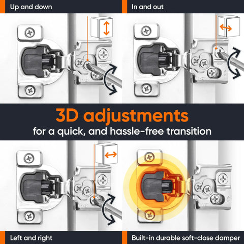 Soft Close Cabinet Hinges For Face Frame Cabinets One Half Inch Overlay With Quiet Slow Close Dampers Budget Friendly Stainless Steel Three Way Adjustable For Kitchen And Bathroom Doors shown with 3D adjustments.