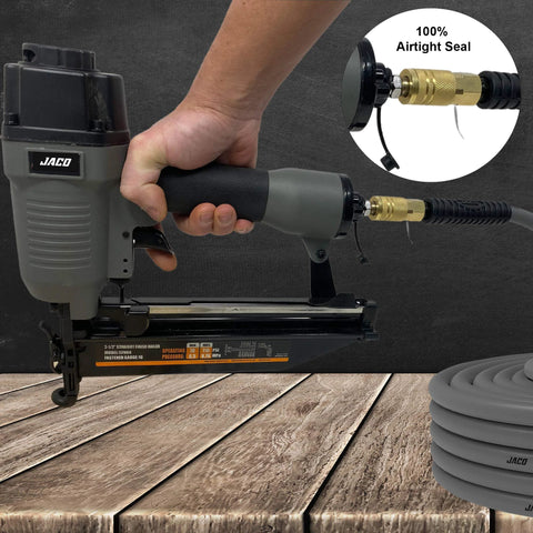 JACO 1/4 NPT air hose quick-connect plug and coupler kit, set of 12, shown on a pneumatic nailer with gray hose