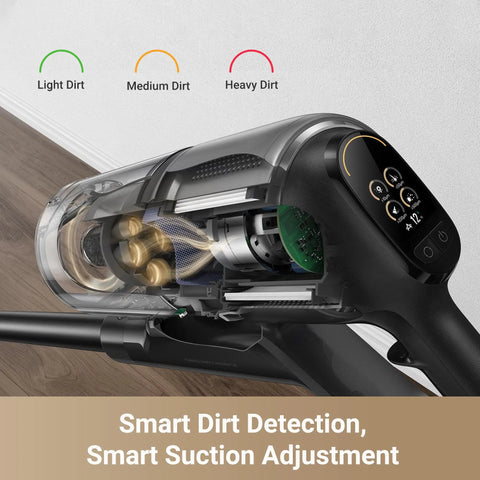 Game Changing Cordless Vacuum Cleaner With 850W Motor And 90 Minute Runtime shows internal smart technology handling dirt levels.