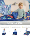 Toddler Nap Mat With Removable Pillow And Minky Blanket 55 By 30 Inches Colorful Dinosaur Design, boy using sleeping bag
