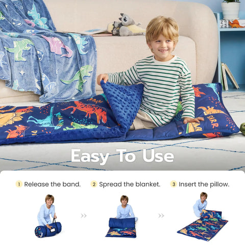 Toddler Nap Mat With Removable Pillow And Minky Blanket 55 By 30 Inches Colorful Dinosaur Design, boy using sleeping bag