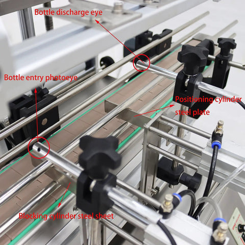 Heavy Duty Double Head Automatic Paste Filler Smooth Operator, close-up of conveyor system controls and sensors.
