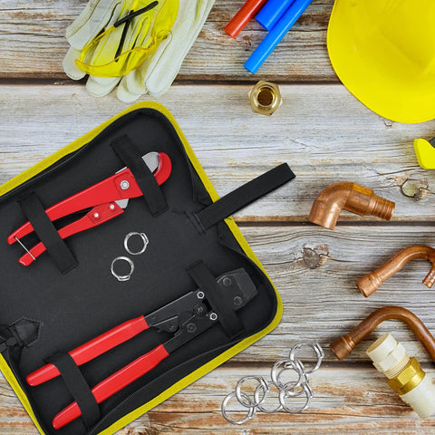Ratchet PEX Crimping Clamp Cinch Tool and Pipe Hose Cutter Set with storage bag, ASTM F2098 clamps, copper fittings, protective gear.