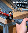 Pro Grade Beefy All Metal Aluminum Profile Drill Guide Kit With Access Hole Jig, Step Drills, Drill Bushings, Tapping Guide And Chamfer Tool on workbench