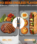 Bakers Friend 6-in-1 Indoor Grill And Electric Griddle Combo With Panini Press showing grilled meats and veggies on grill side, pancakes and egg on griddle side.