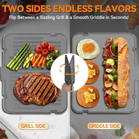 Bakers Friend 6-in-1 Indoor Grill And Electric Griddle Combo With Panini Press showing grilled meats and veggies on grill side, pancakes and egg on griddle side.