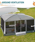 Big 13x9 Screen House Tent With Mesh Gazebo And 2 Magnetic Doors Projection Screen Included Perfect Outdoor Patio Backyard Canopy Shelter For Camping And Hangouts Gray shown in a grassy outdoor setting.