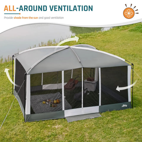 Big 13x9 Screen House Tent With Mesh Gazebo And 2 Magnetic Doors Projection Screen Included Perfect Outdoor Patio Backyard Canopy Shelter For Camping And Hangouts Gray shown in a grassy outdoor setting.