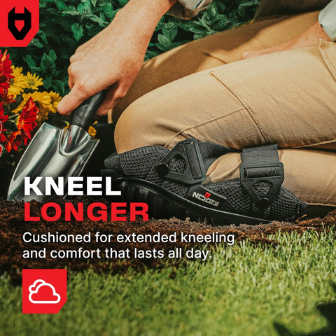 Heavy Duty Gel Knee Pads For Work With Soft Foam Cushion And Thick Gel in use by gardener kneeling on grass
