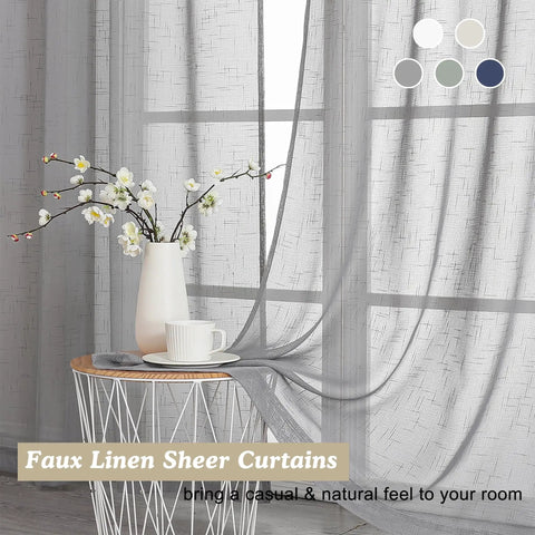 Gray Faux Linen Sheer Curtains Set, 2 Panels Each 40x96 Inches, Light Filtering Textured Rod Pocket Window Drapes hanging near window