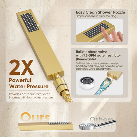 Top Tier Brushed Gold Shower System Features A Ten Inch Rain Showerhead And Tub Spout Cast From Solid Brass With Absolutely Zero Plastic Tubes For Rust Proof Bathroom Setup That Runs Slick Every Time