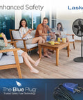 Family in living room with Pedestal Standing Fan With Adjustable Height From About 38 To 54 Inches Tilt Control 3 Speed Oscillating Airflow