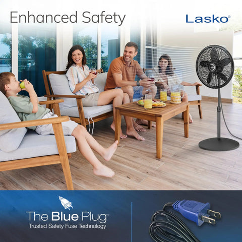 Family in living room with Pedestal Standing Fan With Adjustable Height From About 38 To 54 Inches Tilt Control 3 Speed Oscillating Airflow