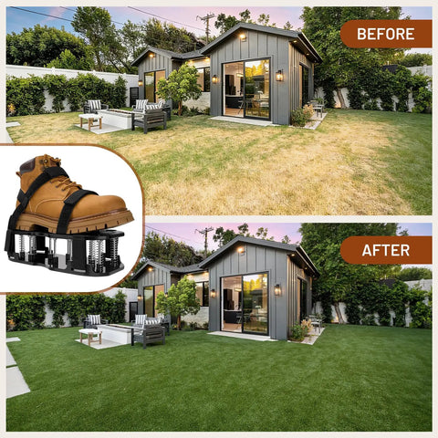 Before and after lawn using Dual Layer Spike Lawn Aerator Shoes With Self Cleaning Design, Pre Installed Ten Spikes, Adjustable Straps