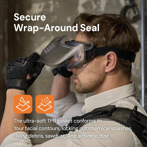 Person wearing All Day Comfort Full Face Safety Goggles With Detachable Lower Shield And Anti Fog Lens, Z87.1 Impact Protection