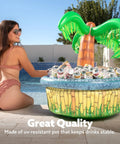 Inflatable 28 Inch Palm Tree Cooler for Beverages poolside, filled with cans, tropical decor, holds up to 100 cans, outdoor party use