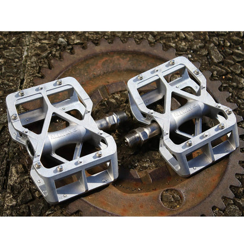 Allways Aluminum Mountain Bike Pedals Silver Double Sided Flat Pedals With Spike Pins Nine Sixteenths Inch Axle
