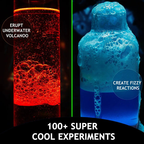Over 100 Hands On Science Experiments Kit For Kids showing an erupting volcano and fizzy reactions.