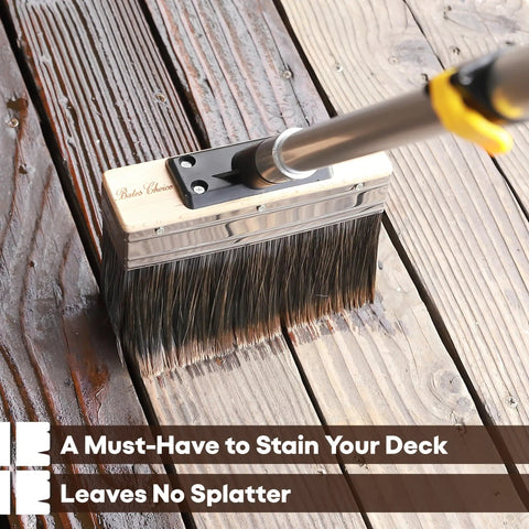 Deck Stain Brush 7.5 Inch Wood Stain Applicator With Premium Synthetic Bristles on wooden deck surface.