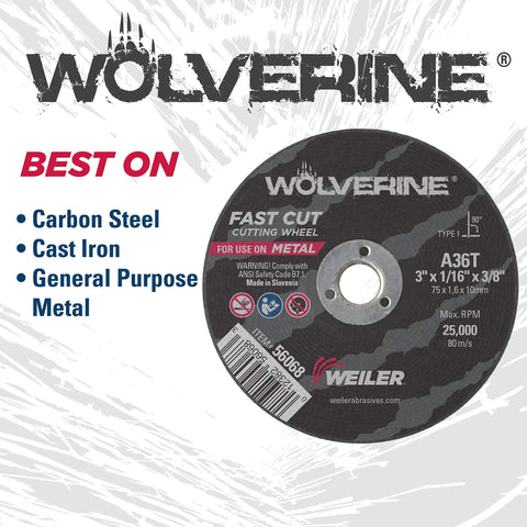 Die grinder cut-off wheel and mandrel kit; Wolverine 3 in x 1/16 in thin wheels with 3/8 in arbor, 1 mandrel and 10 discs