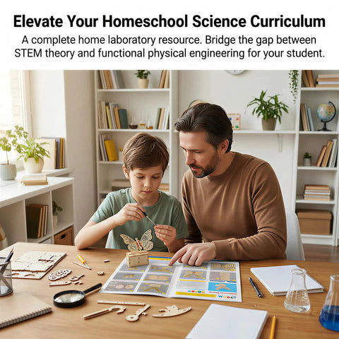 Father and son building DIY Wooden Butterfly Gear Kit For STEM Learning And Physics Teaching in a cozy home setting