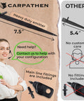 Comparison chart of Carpathen heavy-duty emitter measuring 7.5 inches versus a 5.4-inch other brand emitter, customer support highlighted.