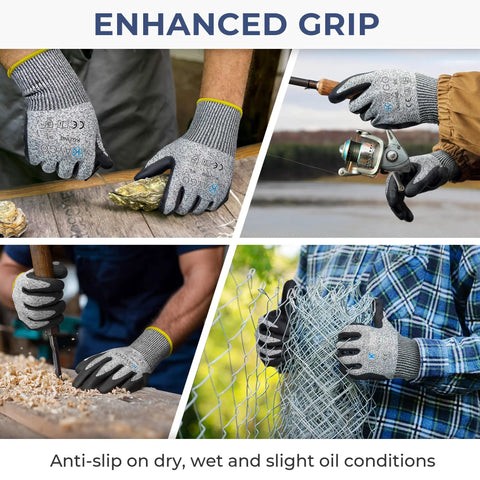 2 Pairs Cut Resistant Work Gloves for Men and Women With HPPE Nitrile Micro-Foam Grip, ANSI A3 EN388 4X42C, in action close-up.