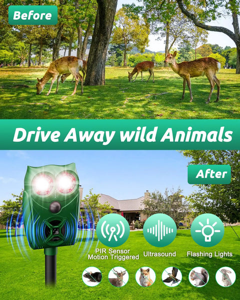 Solar Ultrasonic Animal Repellent With Motion Sensor And LED Lights, Waterproof Yard Deterrent For Deer Coyotes Raccoons And Cats, PIR Sensor Detects Up To 26 Feet At 110 Degree Coverage, Eco Friendly Solar Power, in yard