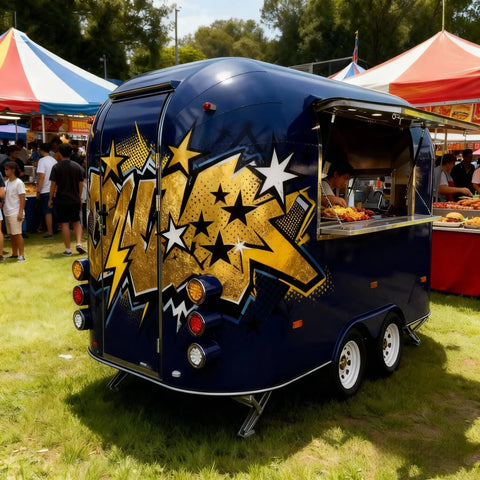No Fuss Commercial Hot Dog Truck Trailer With Stainless Steel Catering Cart, Built In Grill, Fresh Water Tank, Power Supply System, Fully Equipped Mobile Kitchen Ready To Roll And Grind Daily at an outdoor festival.