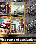 Six SP 9706 stainless steel extension springs, 1/2 in × 1-1/2 in, shown in a collage of automotive, marine, toy, and tool scenes.