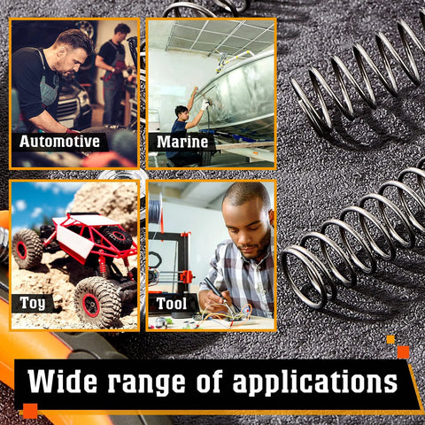 Six SP 9706 stainless steel extension springs, 1/2 in × 1-1/2 in, shown in a collage of automotive, marine, toy, and tool scenes.
