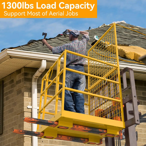 Tough As Nails Heavy Duty Forklift Man Basket And Safety Cage With 1300 Pound Capacity For Two Operators Aerial Work Platform Lifter Attachment on a rooftop.