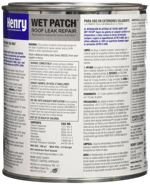 Henry Wet Patch Roof Leak Repair can showing product details and instructions on label for roof leak sealing.