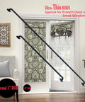 Adjustable Sash Curtain Rod For French Doors With Tough Three Eighth Inch Steel Bar And Low Profile Brackets Delivering Dead Simple Screw Or Sticky Tape Mount For Wood Glass Aluminum Slider Panels In Matte Black Pack in room setting with curtains.