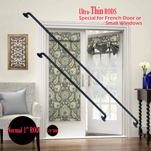 Adjustable Sash Curtain Rod For French Doors With Tough Three Eighth Inch Steel Bar And Low Profile Brackets Delivering Dead Simple Screw Or Sticky Tape Mount For Wood Glass Aluminum Slider Panels In Matte Black Pack in room setting with curtains.