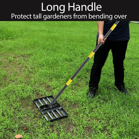 Heavy Duty Lawn Leveling Rake With Extra Long 60 Inch Steel Handle And 17 By 10 Inch Ground Plate used on grass by person standing.