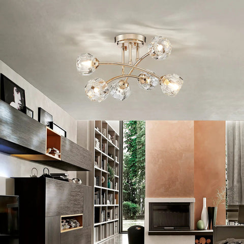 Spuntnik Crystal Ceiling Light Fixture With Six G9 Base Bulbs, Semi Flush Mount, D16 x H10, Clear Crystal With Shining Gold Finish Metal Frame, Modern Glam Accent Lighting For Living Rooms, Dining Rooms, And Hallways